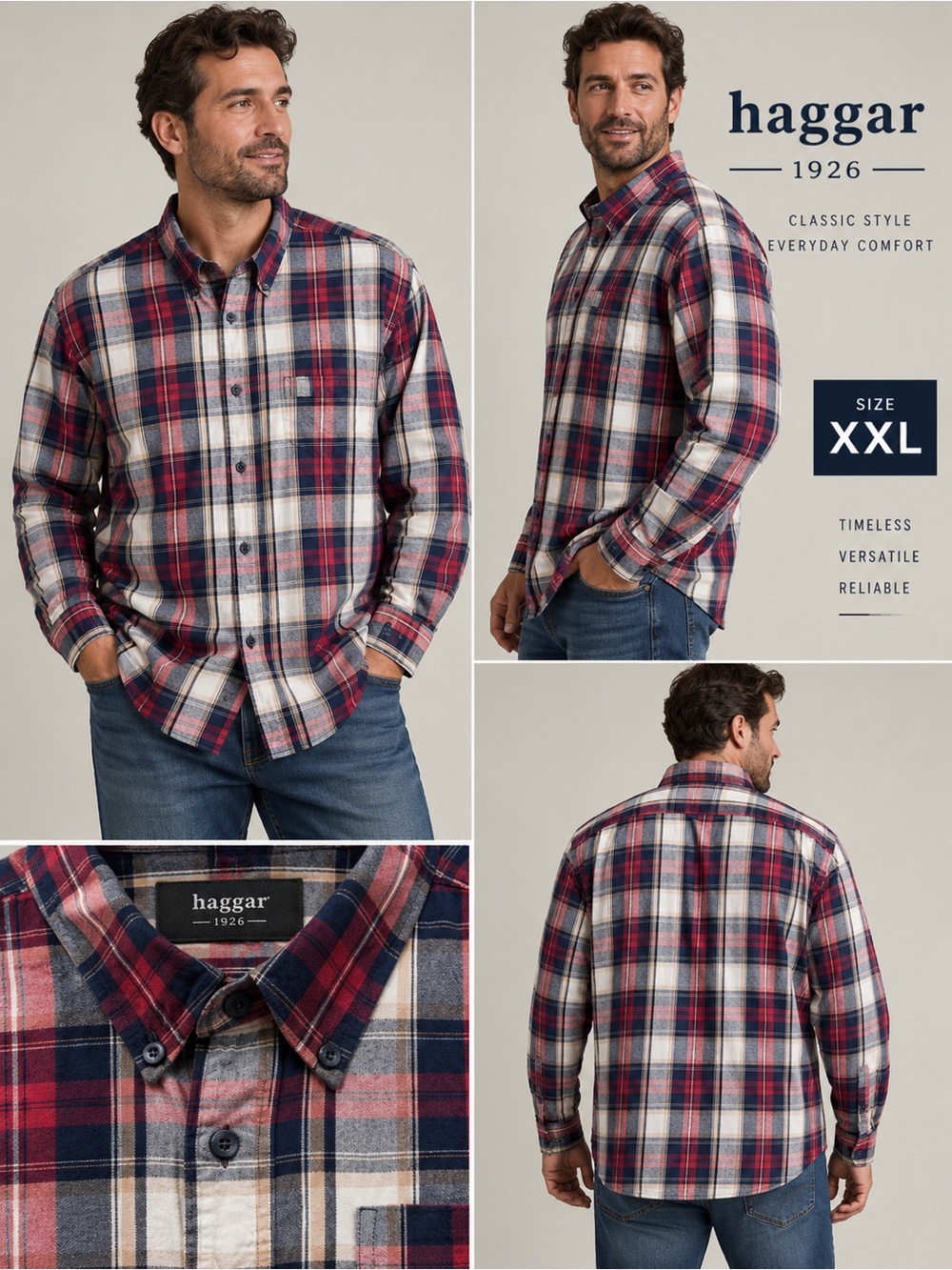 Haggar 1926 Men’s XXL Plaid Button Down Shirt Red Navy Cream Long Sleeve